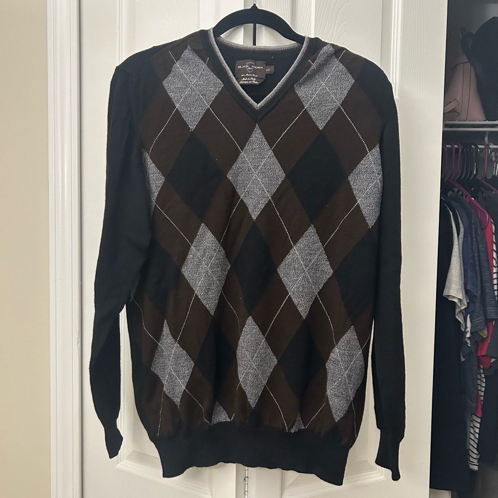 Black Brown 1826 V-Neck Sweater Black and Brown Argyle